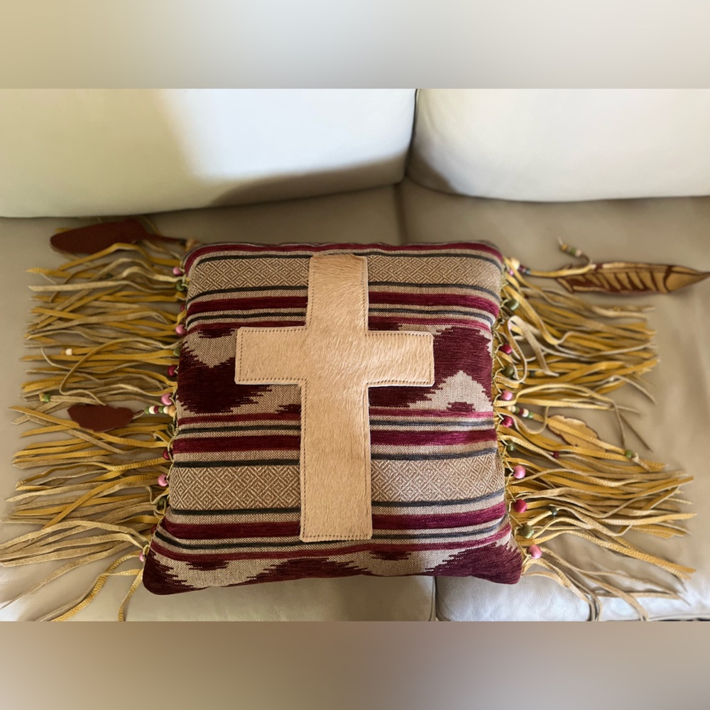 Southwestern /Spiritual Decorative Pillow with leather and beaded fringe